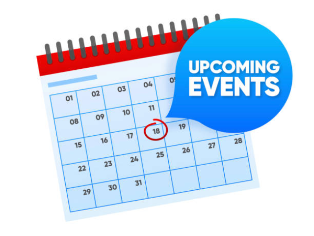This is a graphics image of a calendar with the numbers one through 31 in each calendar day square. The 18th calendar day is circled in red and there is a speech bubble coming out of it that says "Upcoming Events".